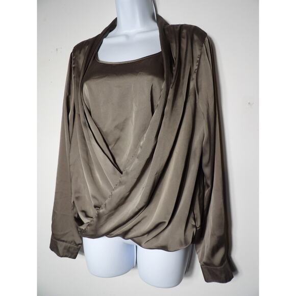 Linea By Louis Dell'Olio Medium Blouse Drapeneck Crossover Faux Tan Silky Taupe - Picture 2 of 12